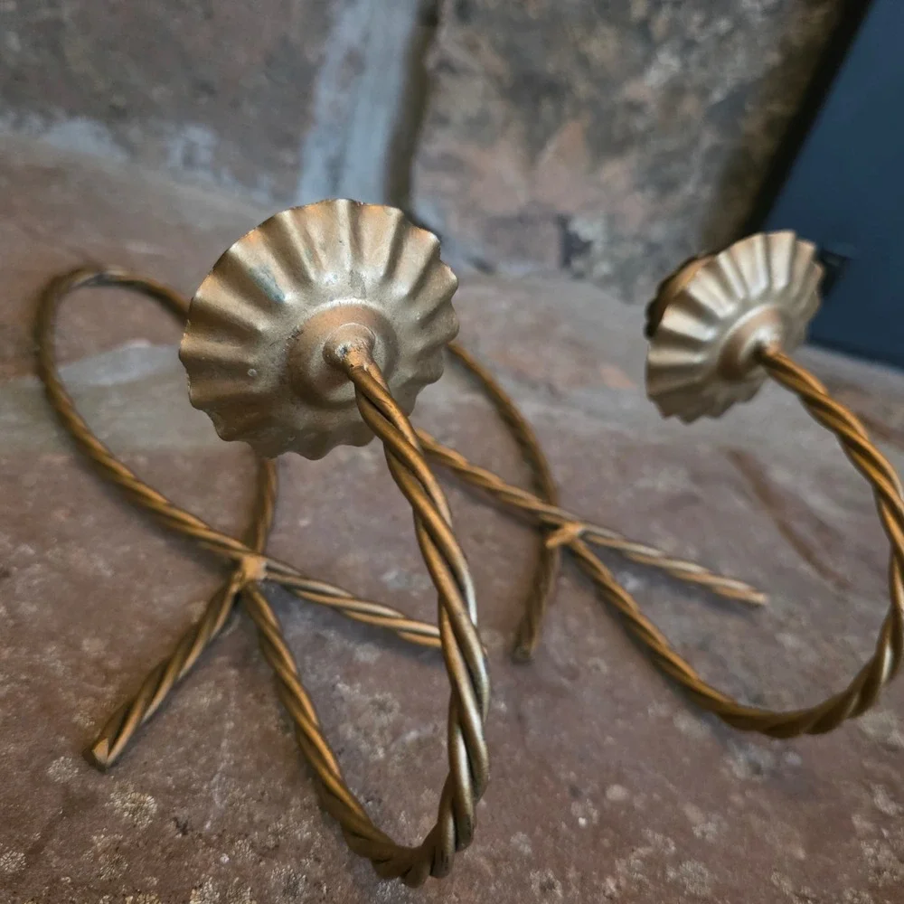 Vintage Twisted Metal Bow Wall Sconces Gold Tone Taper Candle Holders Pair